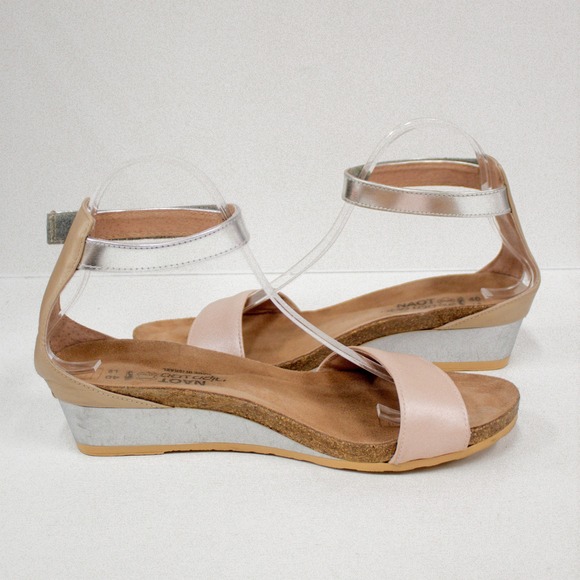 NAOT Pixie Wedge Ankle Strap Sandals Blush and Silver Leather Women's Size 9 - Picture 7 of 10
